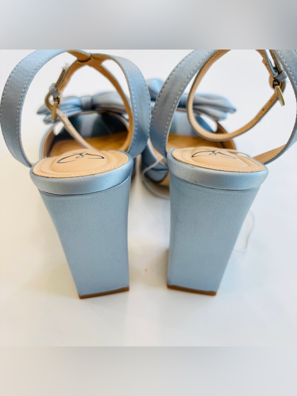 Light Blue Satin Platform Heels Bow Ankle Strap Block Heel Sandals Sz 8 - Picture 6 of 9